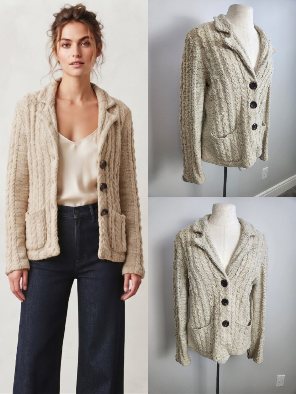 2000s Anthropologie Sparrow Cable Knit Unstructured Blazer Wool Linen Blend Sz M